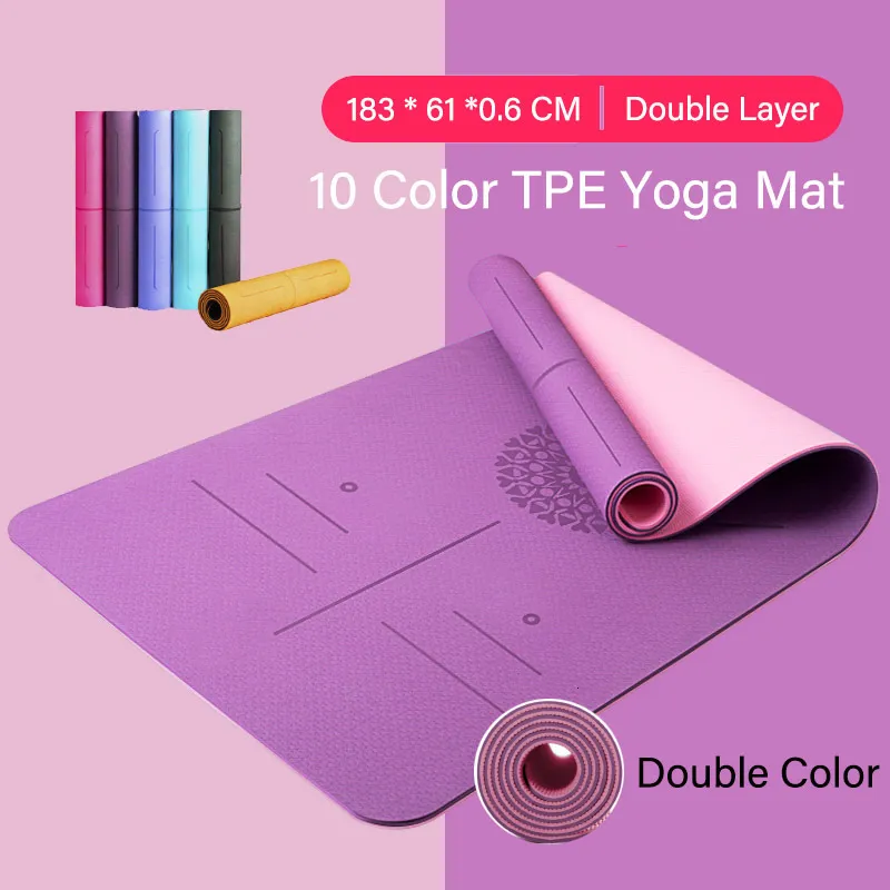 Yogamatten TPE 6 mm doppelseitige Matte rutschfeste Sportteppichauflage mit Positionslinie für Fitness, Gymnastik und Pilates, Frau 230606