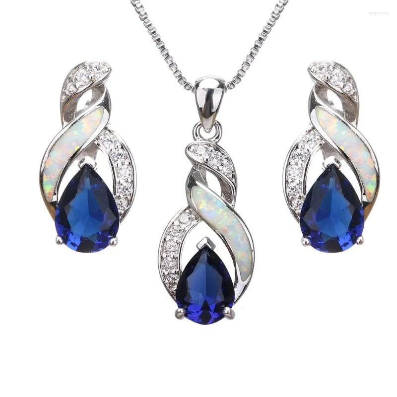 Ketting Oorbellen Set Hermosa Natural Fire White Opal Sapphiree Zilver Kleur Bedels Hanger Voor Vrouwen JS3