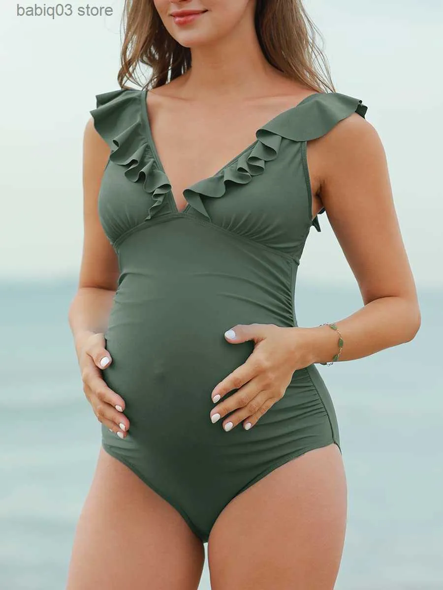 Fatos de banho para grávidas Fatos de banho para grávidas de peça única com folhos e decote em V Fatos de banho com renda nas costas Monokini Biquíni de praia para grávidas SPA T230607