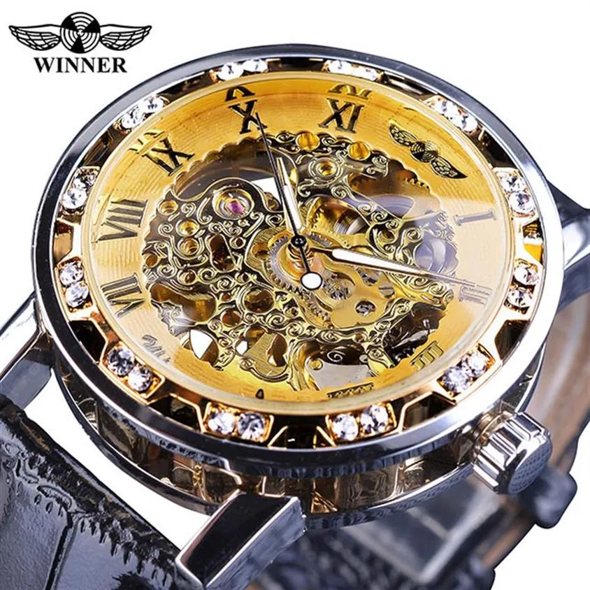 Winner Black Golden Retro Luminous Hands Fashion Diamond Display Mens Mechanical Skeleton Wrist Watches Top Brand Luxury Clock Wat239o