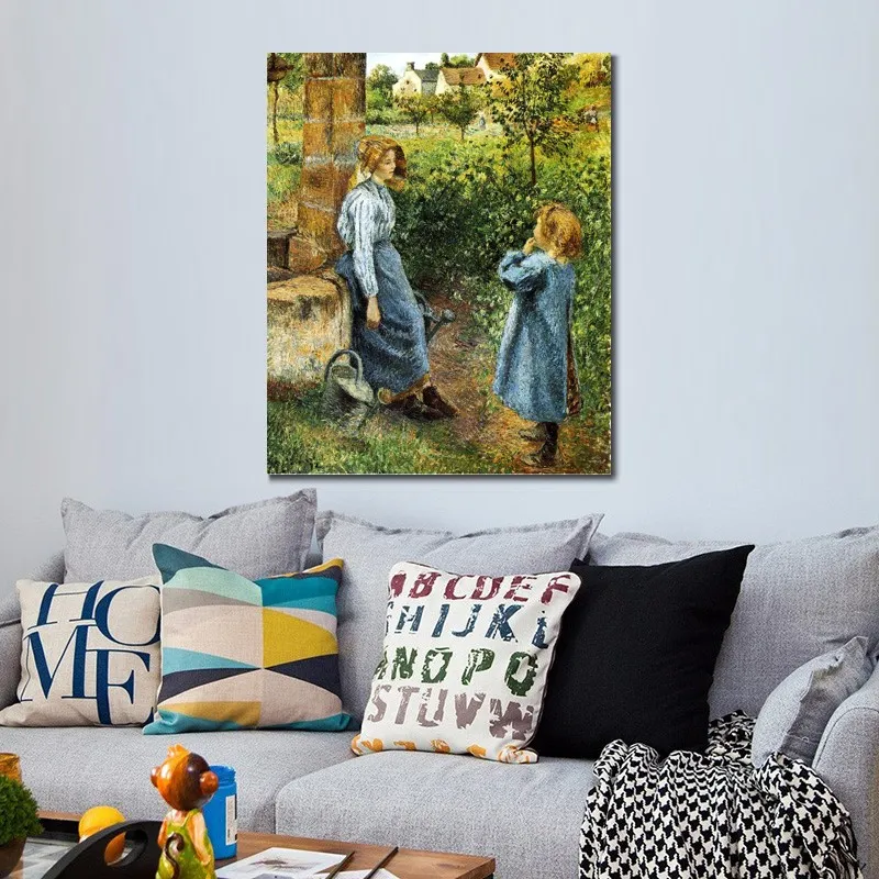 手作りのカミーユ・ピサロの絵画風景印象派のキャンバス・アートの玄関の装飾の若い女性と子供