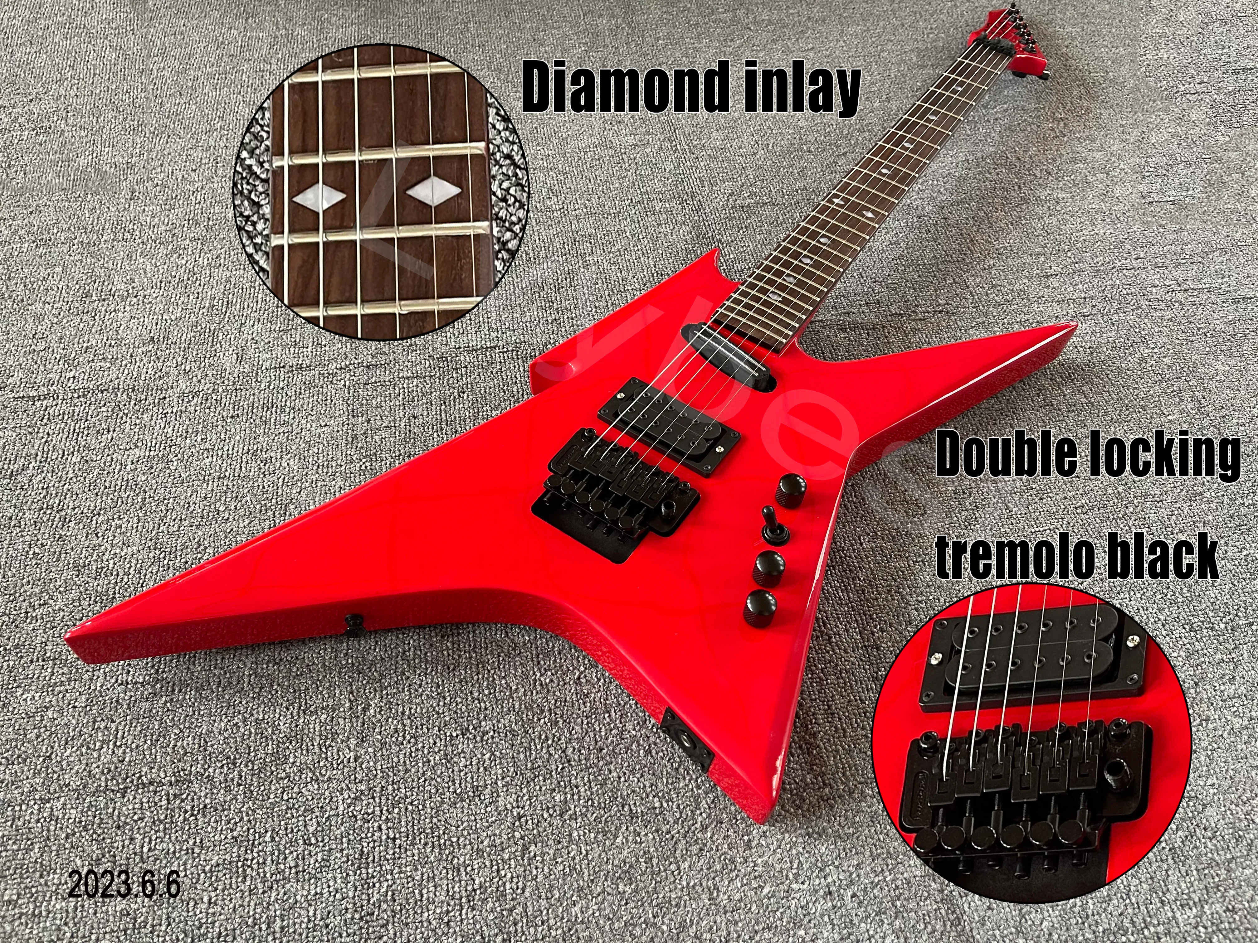 Electric Gutiar Red Color Reversed Headstock Shape Right Hand Body SH Pickups Black Parts With Double Locking Tremolo