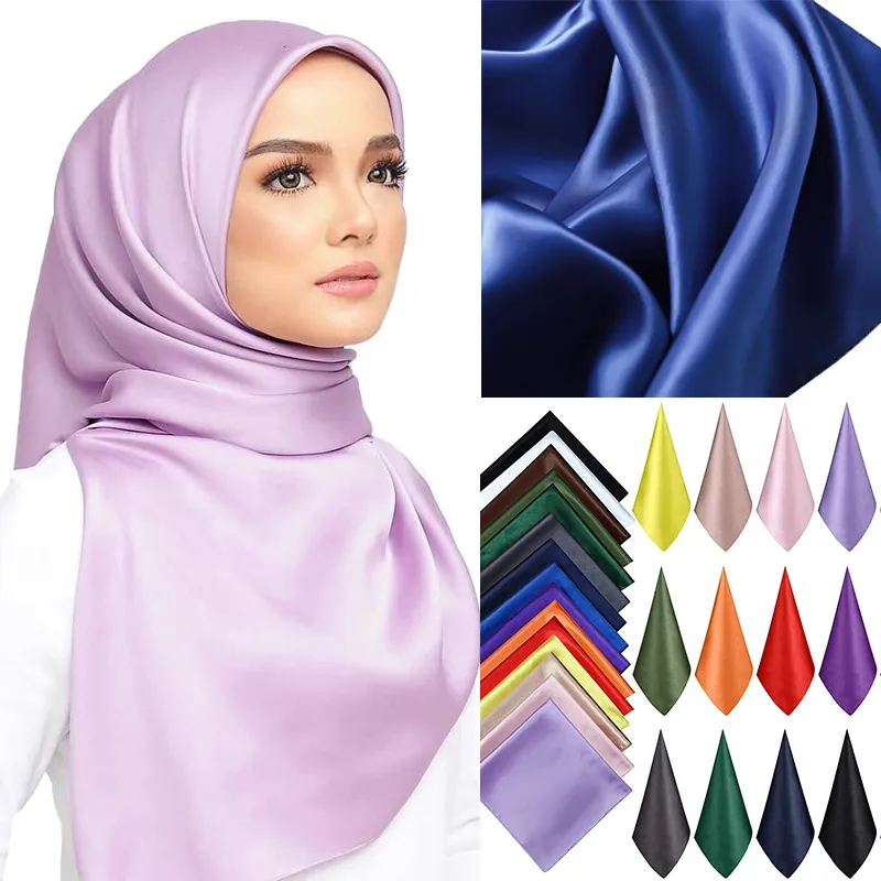 Sarongs High Quality 9090cm Square Silk Scarf Female Plain Shawls and Wrap Office Lady Hair Neck Foulard India Muslim Headscarf Pareo 230605
