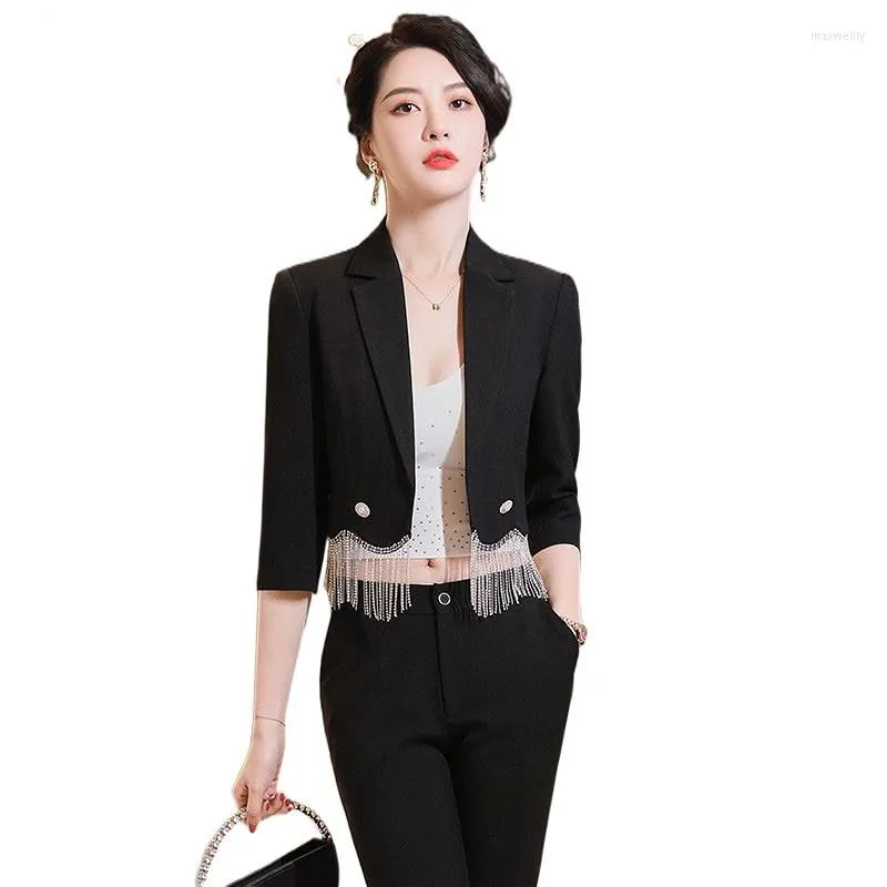 여자 2 피스 바지 검은 얇은 여자 정장 여름 하이 엔드 기질 패션 슬림 짧은 블레이저 및 세트 사무실 레이디 워크웨어