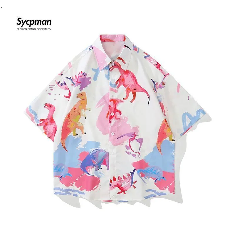 Mens Casual Shirts Sycpman Overdimensionerade män Kort ärm tryckta kvinnor Summer Hawaii Dinosaur Beach Shirt 230607