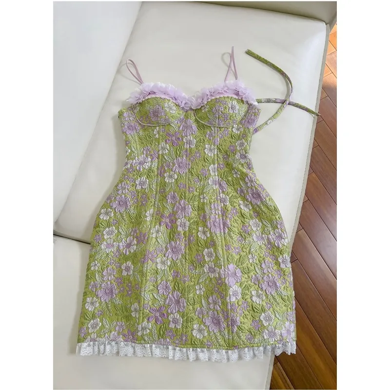 2023 été vert imprimé fleuri perlé Jacquard robe Spaghetti sangle chérie cou dentelle lambrissé courtes robes décontractées J3L047948