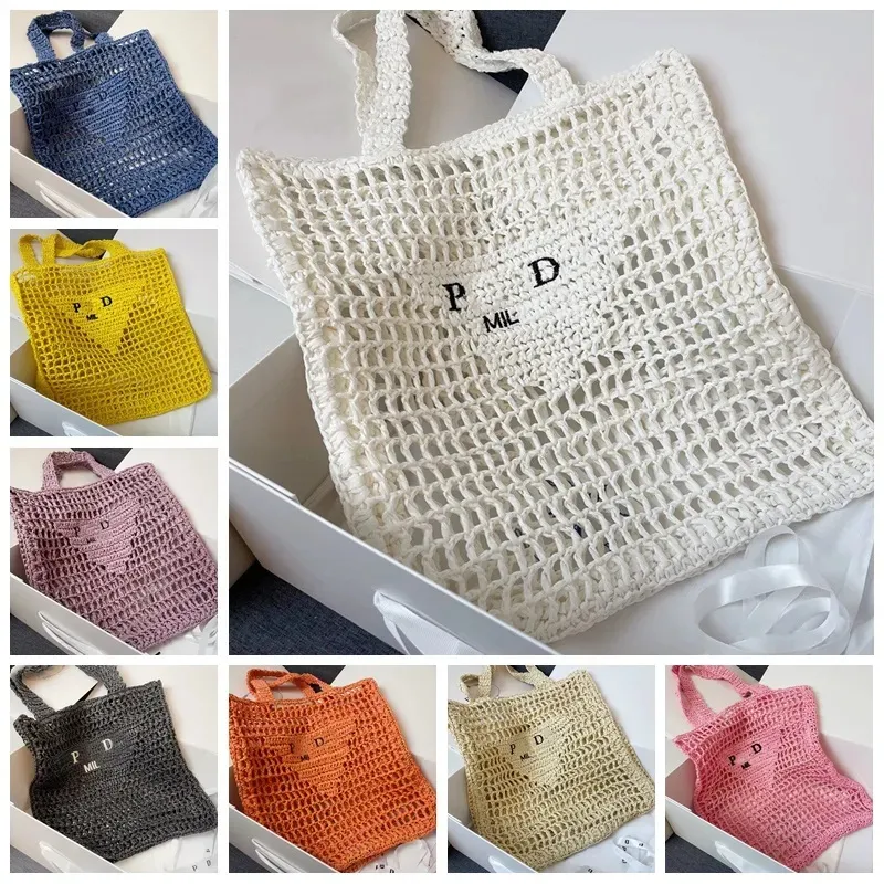 Designer sommarstrån axelväska raffia tote kvinnor strandpåsar lyxhandväskor mesh väskor halm vävd shopping påse mikrofiber broderad handväska