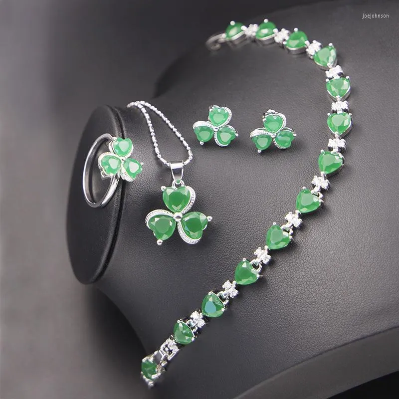 Necklace Earrings Set Pretty Lucky Circle & Heart Apple Green Stone Silver Color Jewelry For Women Stud Ring Bracelet