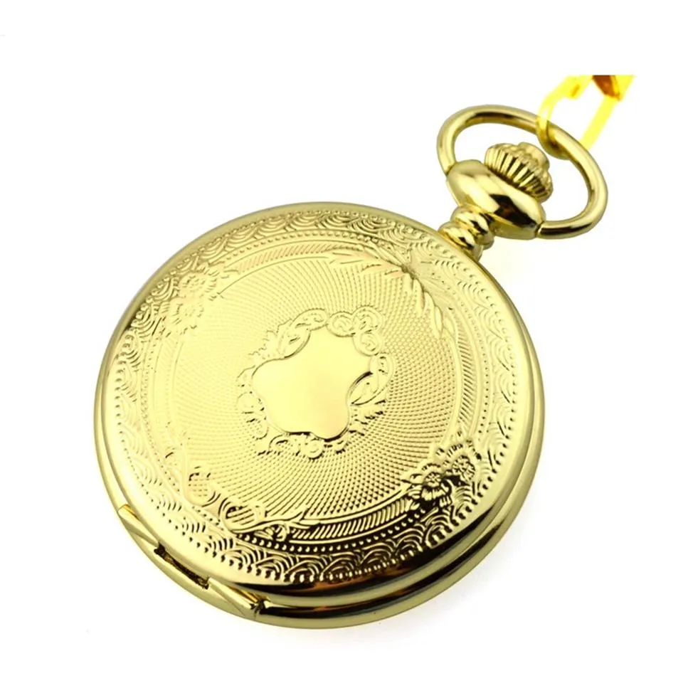 Reloj IME Movimiento de cuarzo Fob Relojes de bolsillo con cadena Cazador completo Caja dorada Patrón floral grabado 6 piezas291q