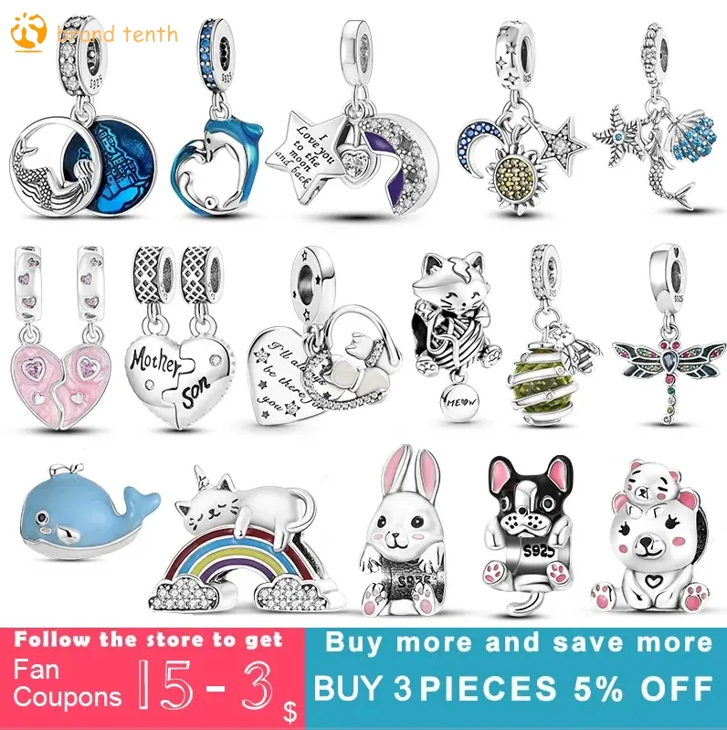 Prata Esterlina 925 para Pandora Charms Autênticos Bead Beads Color Mermid Dolphin Charms Star Heart Pingente Mom Bear Rabbit Cat