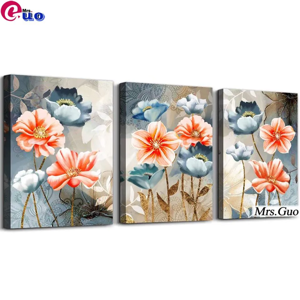 Stitch Full Square / Round Diamond broderie Golden and Blue Watercolor Flowers Mosaic Picture Triptych Diamond Painting Decor pour la maison