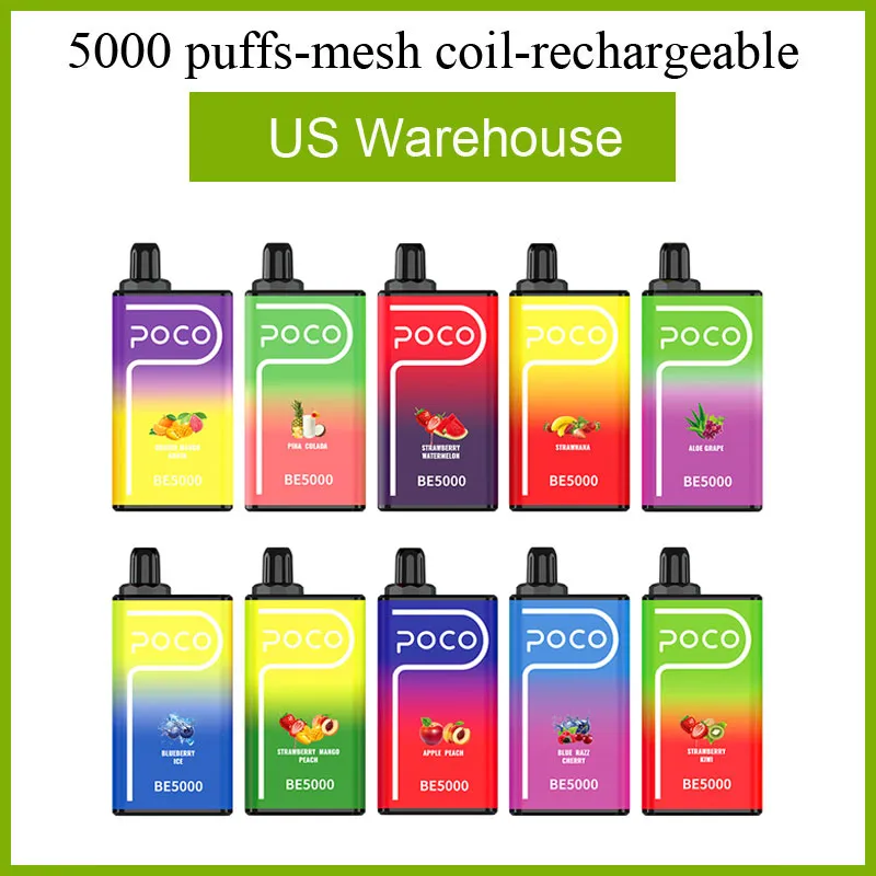 POCO BE 5000 퍼프 전자 담배 일회용 vape 충전식 메쉬 코일 15ml vape 포드 5pcs 디스플레이 미국 현지 창고