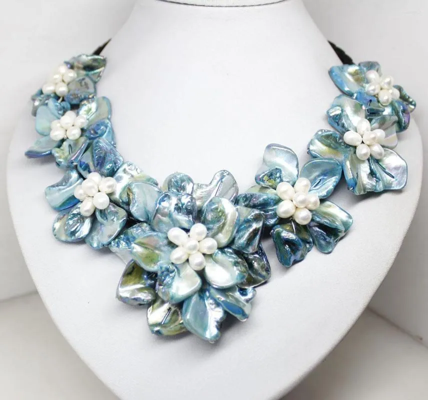 Pendentif Colliers Beauté 50mm-70mm 7Fleur Collier 18 pouces Bleu Baroque Shell Nacre Fait Main