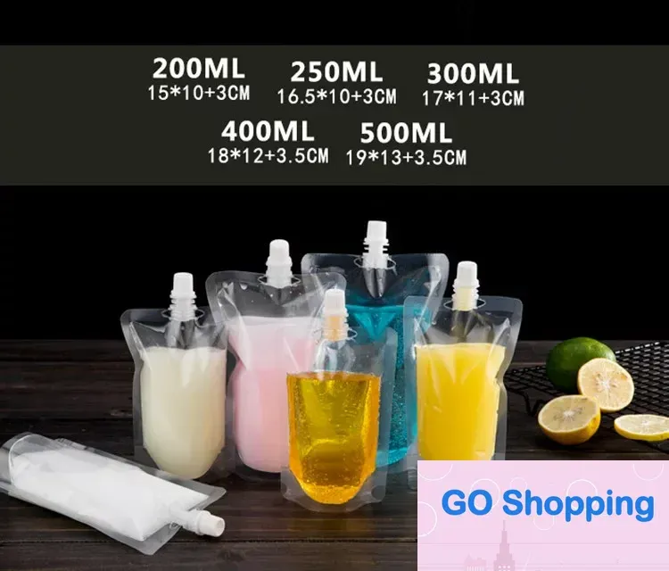 Top 17OZ 500ML Stand-up-Kunststoff-Getränkeverpackungsbeutel Ausgussbeutel für Getränkeflüssigkeit Saft Milch Kaffee 200-500ml