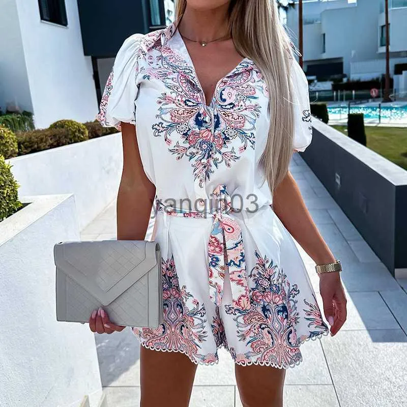 Vrouwen tweedelige broek casual korte mouw losse shirt outfits vrouwen elegante print tweedelige pakken mode reverskraag knop tops tie-up korte sets J230607