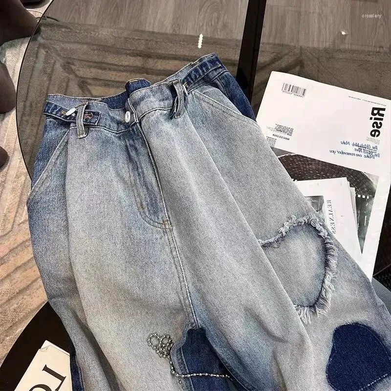 Kvinnors jeans älskar brett ben kvinnor streetwear design korea mode hög midja tidvatten byxor kvinnliga vår denim byxor rakt löst 2023
