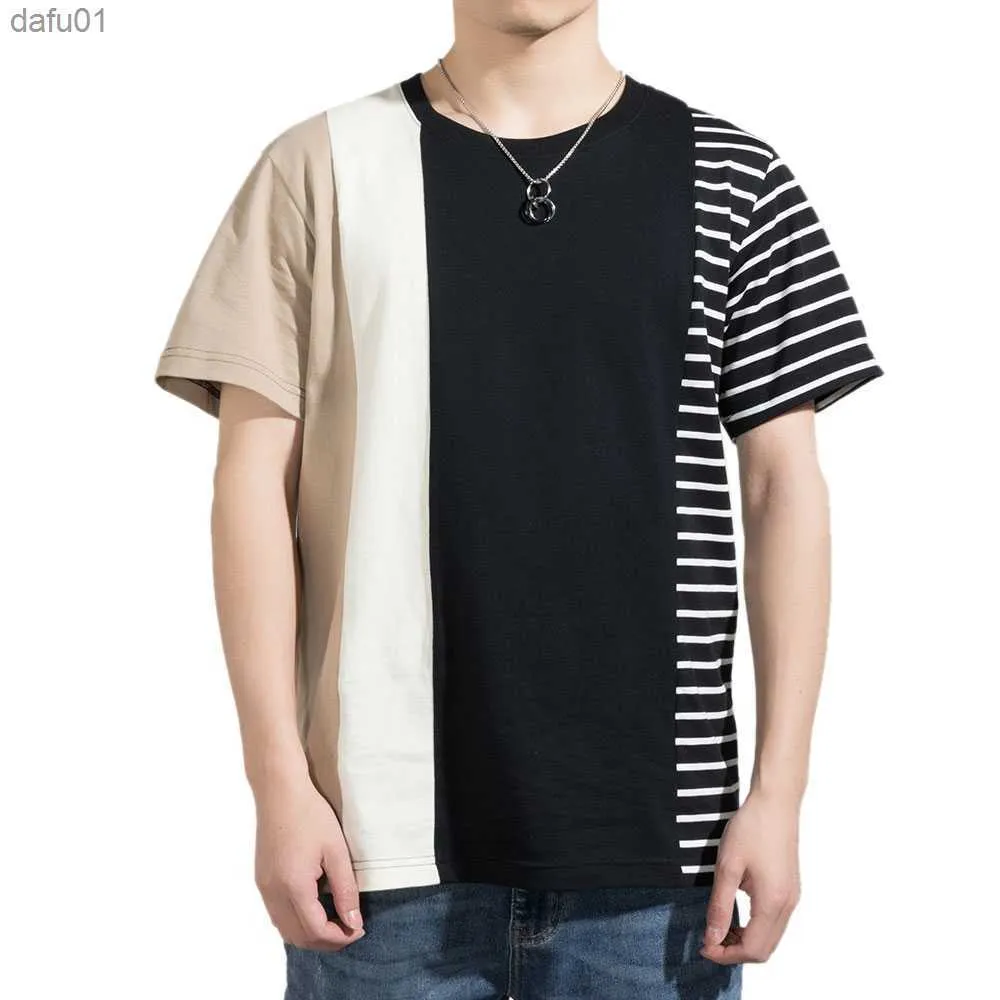 Summer Striped T-shirt Men Lose Patchwork Kolor Bawełniane okrągłe kołnierze czarno-białe w paski T-shirt Casual Men's L230520