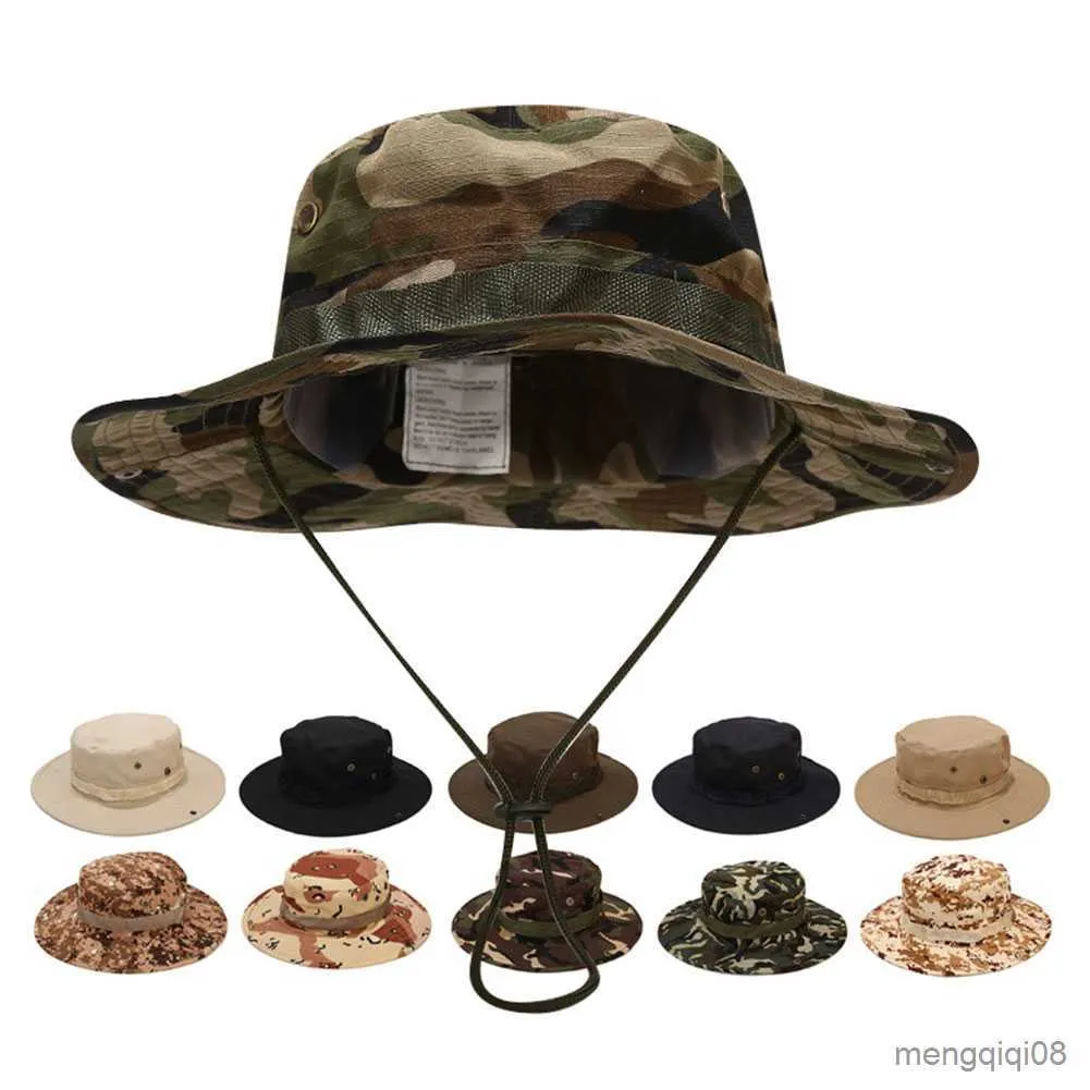 Szerokie brzegowe czapki kamuflaż boonie mężczyźni hat taktyczne amerykańskie armia wiadra wojskowa letnia czapka outdoor kamuflażka słoneczna r230607