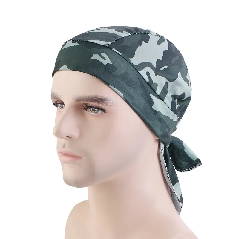 Nouveau Camouflage imprimé soyeux Durag pour hommes Bandana Turban chapeau unisexe Doo Durag perruques hommes Du-Rag longue queue Bandana Pirate chapeau