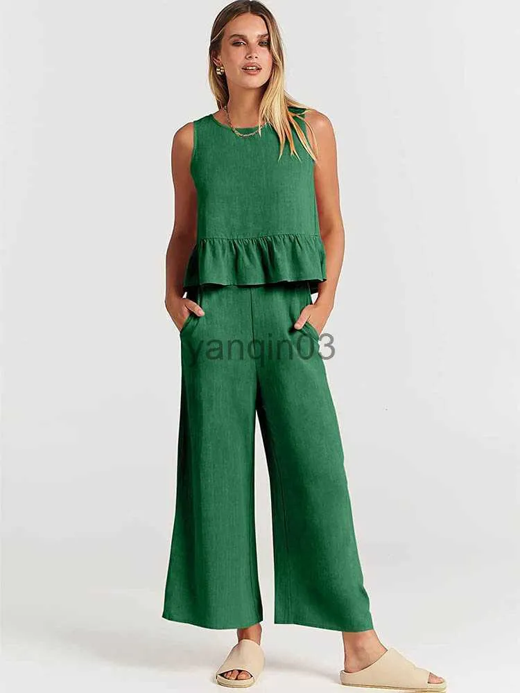 Pantaloni a due pezzi da donna Set verde allentato casual per donna Canotta pieghettata senza maniche Top + Pantaloni lunghi a gamba larga Abito da donna in 2 pezzi Abbigliamento estivo 2023 J230607