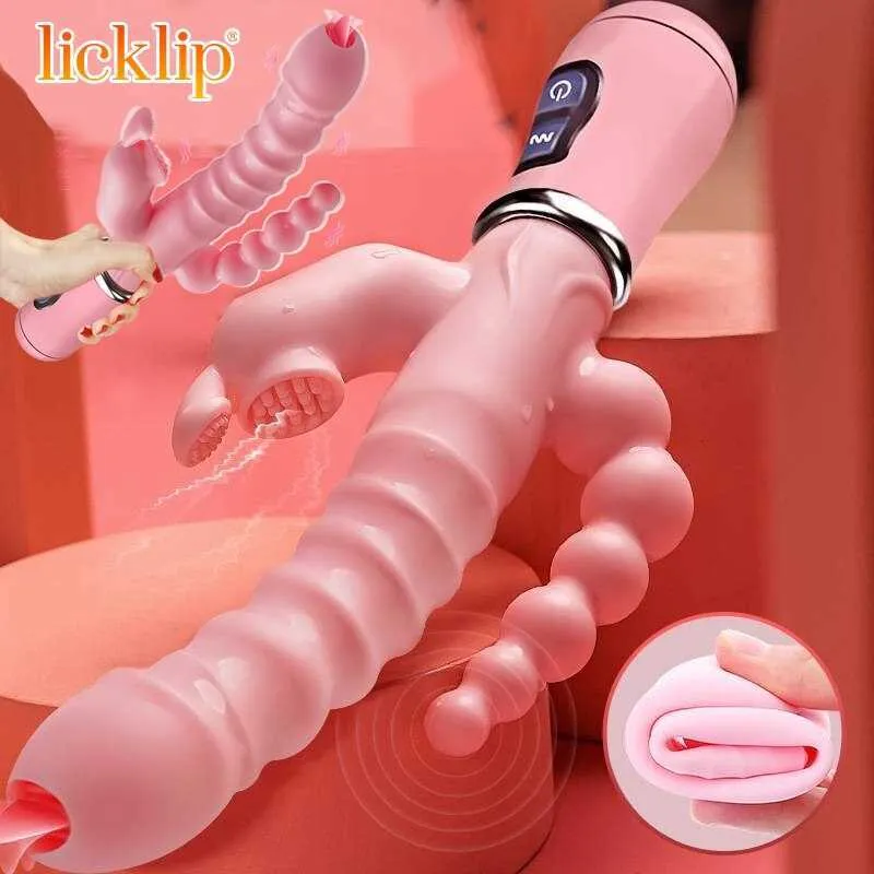 Licklip 3 i 1 dildo kanin vibrator tunga slickar dubbel stav onani anal klitis sex leksaker för kvinnor