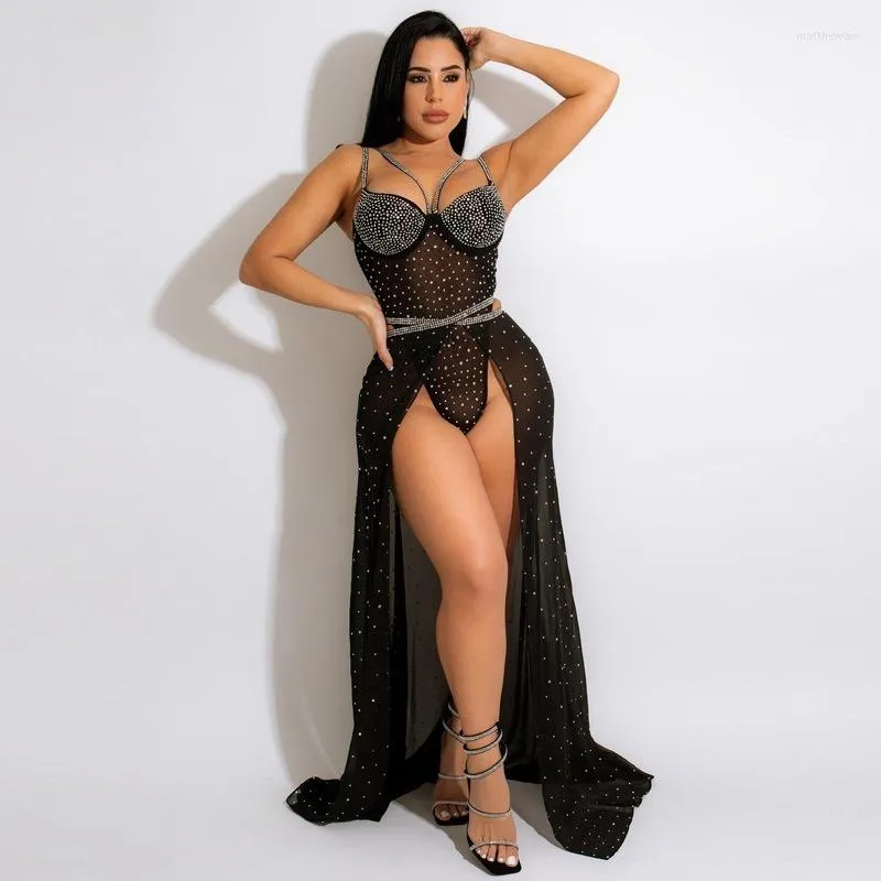 Work Dresses WUHE Mesh See Though Diamonds Rhinestones Bodysuit And Tie Waist High Split Maxi Skirt Two 2 Piece Set Women Swimsuit