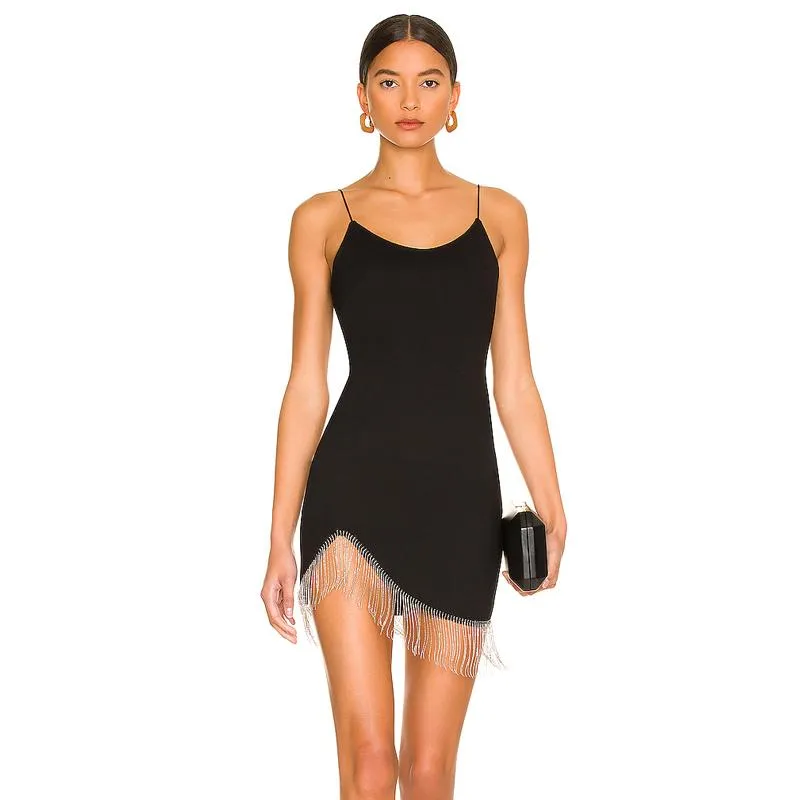Camis sexig svart festklänning, remmar och tätt hem oregelbundna kvinnors sommaravackning Tassel miniklänning