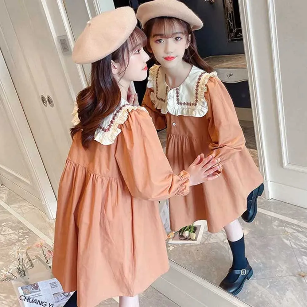 Girl's Cotton Long Sleeve Knee-Length Embroidery Dress for Kids Ages 6-14  Years Floral Casual Princess Style