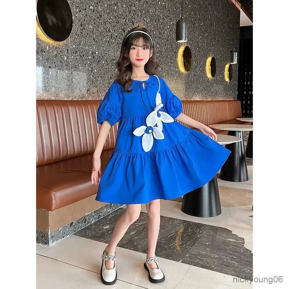 Girl's Dresses 6-15 Girls Summer Dress Kids Blue Cotton Flower for Casual Teenage Girl Clothing 7 9 10 11 13 14 R230607