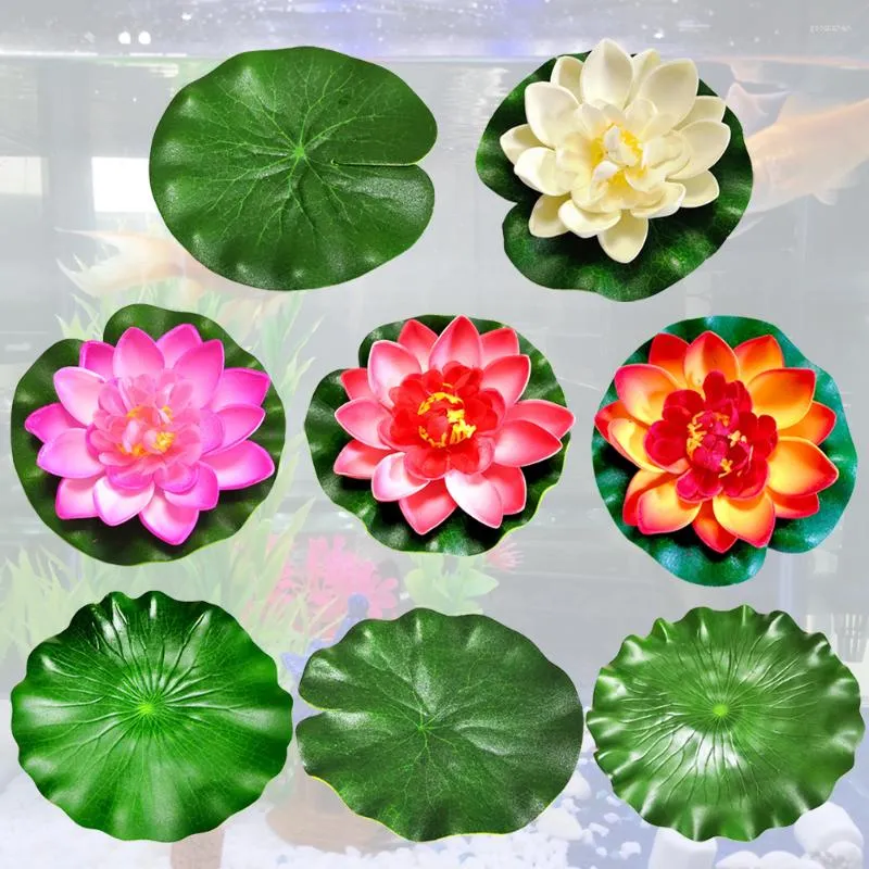 Decorative Flowers 8pcs Floating Artificial Pond Decor Realistic Pads For Garden Pool Decoration Aquarium Ornament ( Green White )