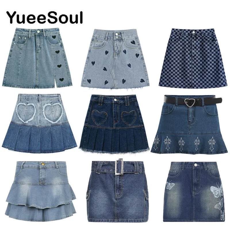 Spódnice niebieska dżinsowa spódnica moda wydrukowana plisowana mini talia mini y2k retro słodkie urocze seksowne streetwear Summer Women 230607