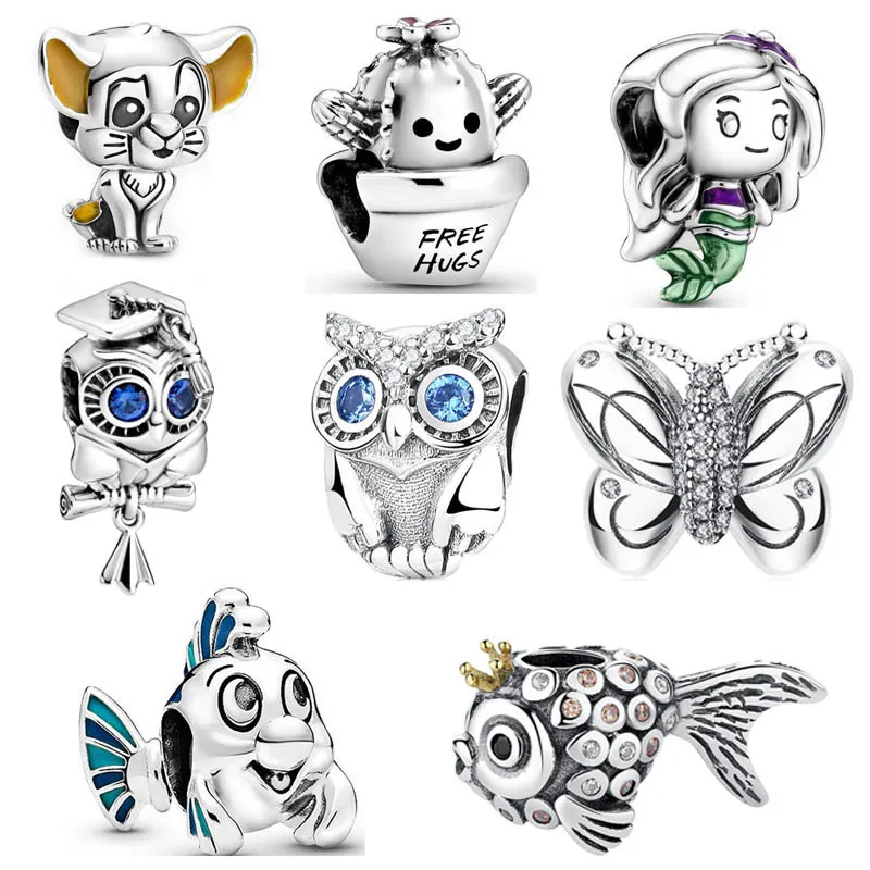 2023 Yeni 925 STERLING Silveranimal Boncuklar Sevimli Baykuş Kelebek Deniz Kalanları Boncuklar Orijinal Pandora Bilezik Kadın Mücevher Hediye DIY