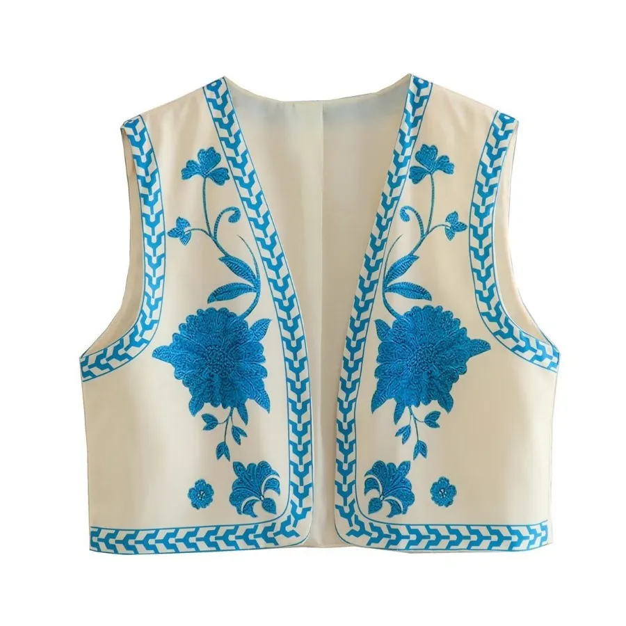 Femmes Gilets Femmes 2023 Mode Y2K Imprimé Floral Crop Vest Veste Vintage Rétro Style National Femme Chic Lady Gilet Rose Et Bleu