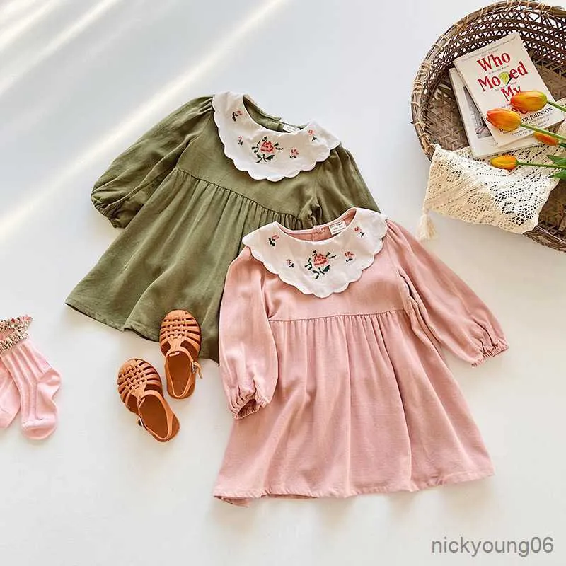 Girl's Dresses Vintage Embroidery Cotton And Linen Girls Dress 2023 Spring New Flowers Lapel Long-Sleeved Kids Princess WT842 R230607