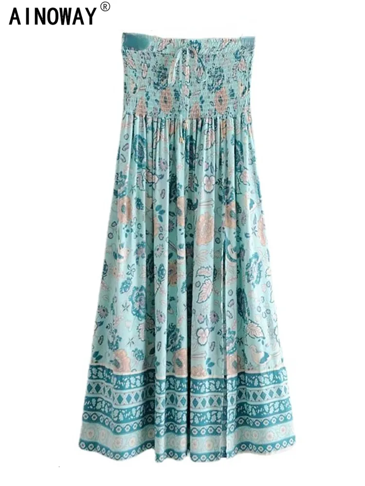 Spódnice Vintage Chic moda hipisowskie bohemian żółty kwiatowy nadruk spódnica wysoka elastyczna talia Aine Boho Maxi Femme 230607