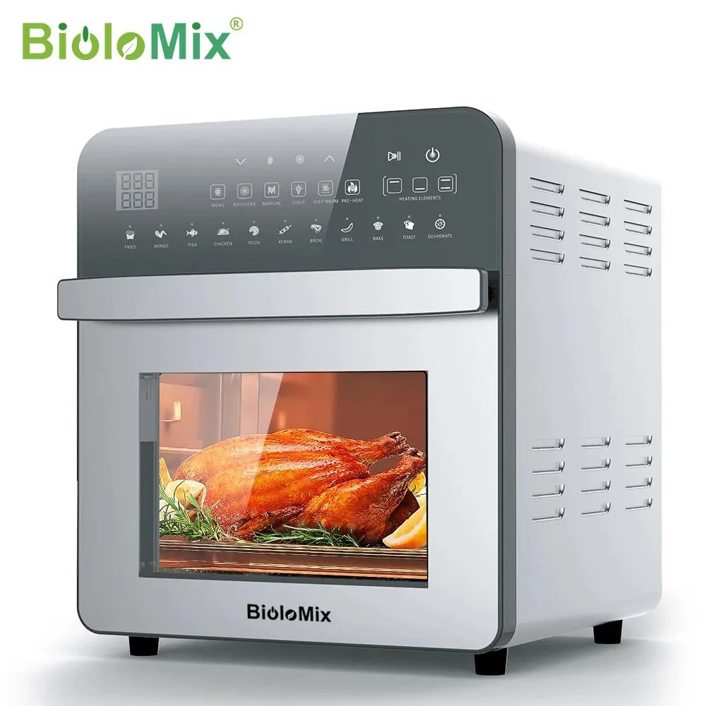 Fritas Biolomix aço inoxidável Aquecimento duplo Air Fryer Forno Free Oil Free, torradeira Rotisserie e desidratador, 11 em 1, 15 L, 1700 W