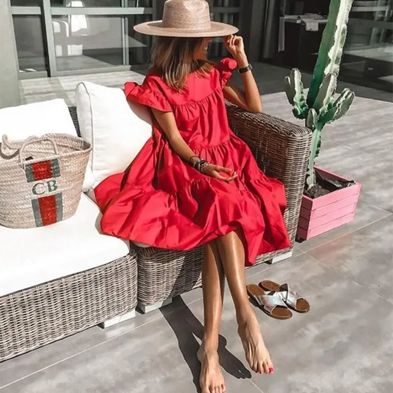 Summer Women's Retro Loose Dresses Casual Round Neck Short Sleeve One-Piece Dresses Plus Size Short Beach Dress