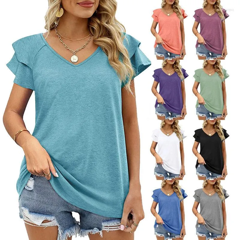 Women's T Shirts 2023 Summer Women's T-shirt Solid Color V-Neck Double Layer Kort ruffle ärmar Lossa Tees Ladies Casual Top Female