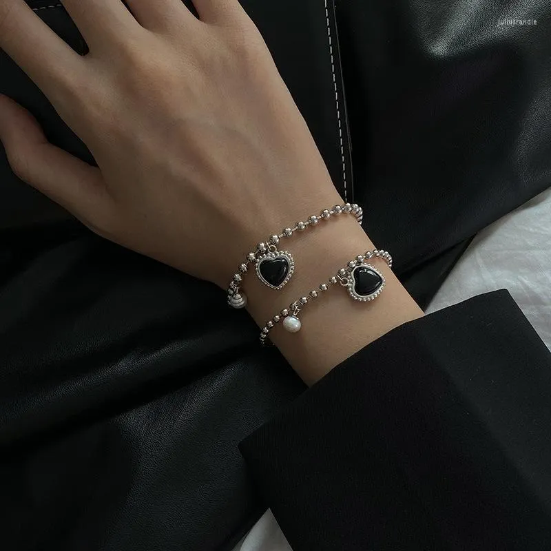Link Armbänder Schwarz Herz Anhänger Perlen Armband Für Frauen Punk Elegante Imitation Perle Armreifen Hip Hop Koreanischen Stil Mode Schmuck