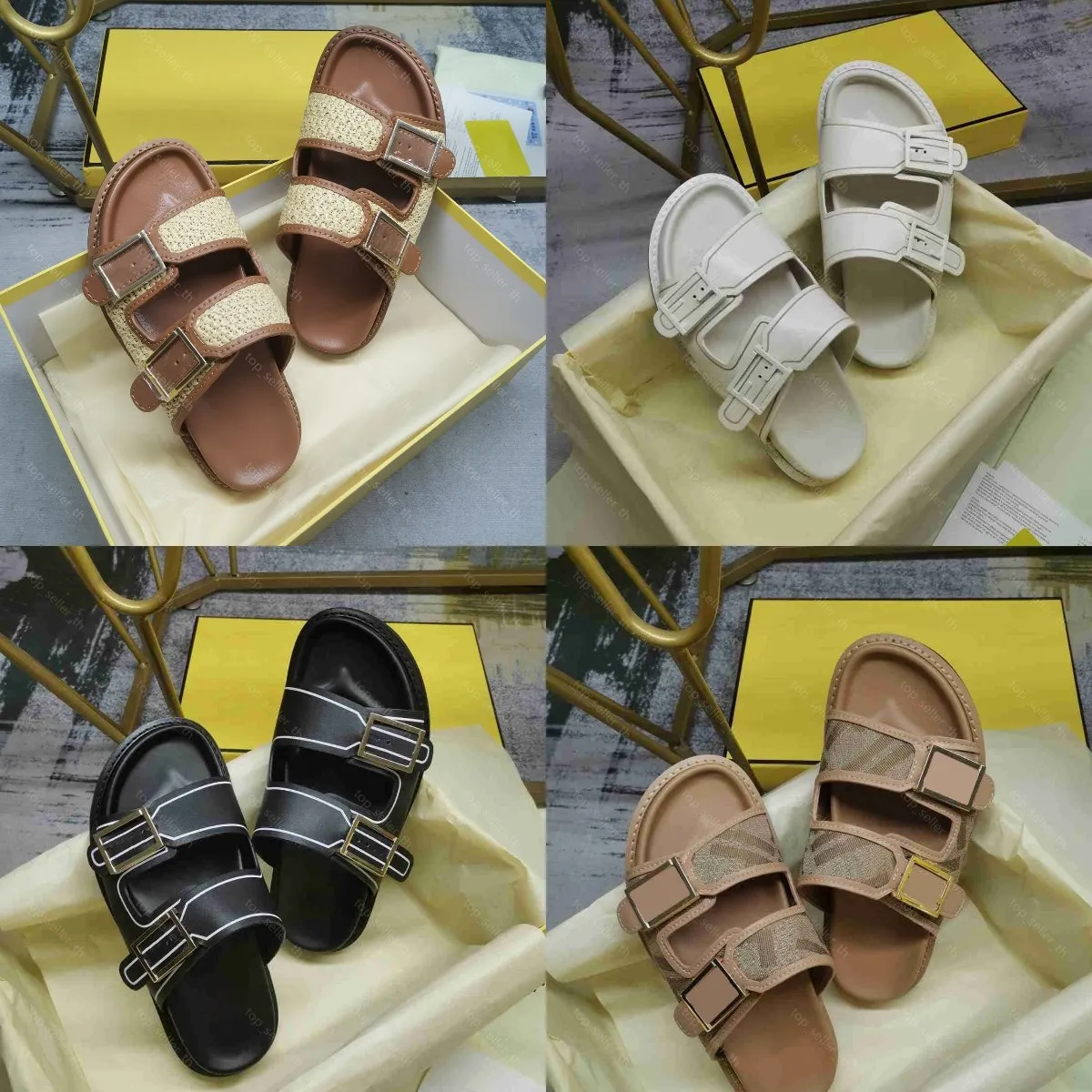 Feel Slide Double-Band Flat Slides F Raffia Slipper Designer Sandals Men Women Slippers Baguette Decorative buckle Flat Sandal With Box