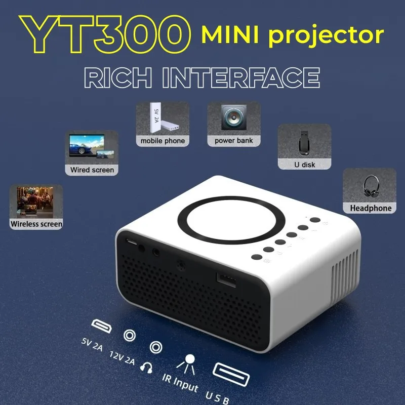 YT300 MINI Projector Wired اللاسلكي نفسه شاشة الهاتف المحمول للمسرح المنزلي المحمول واجهة غنية منخفضة الضوضاء مكبر صوت داخلي منخفض