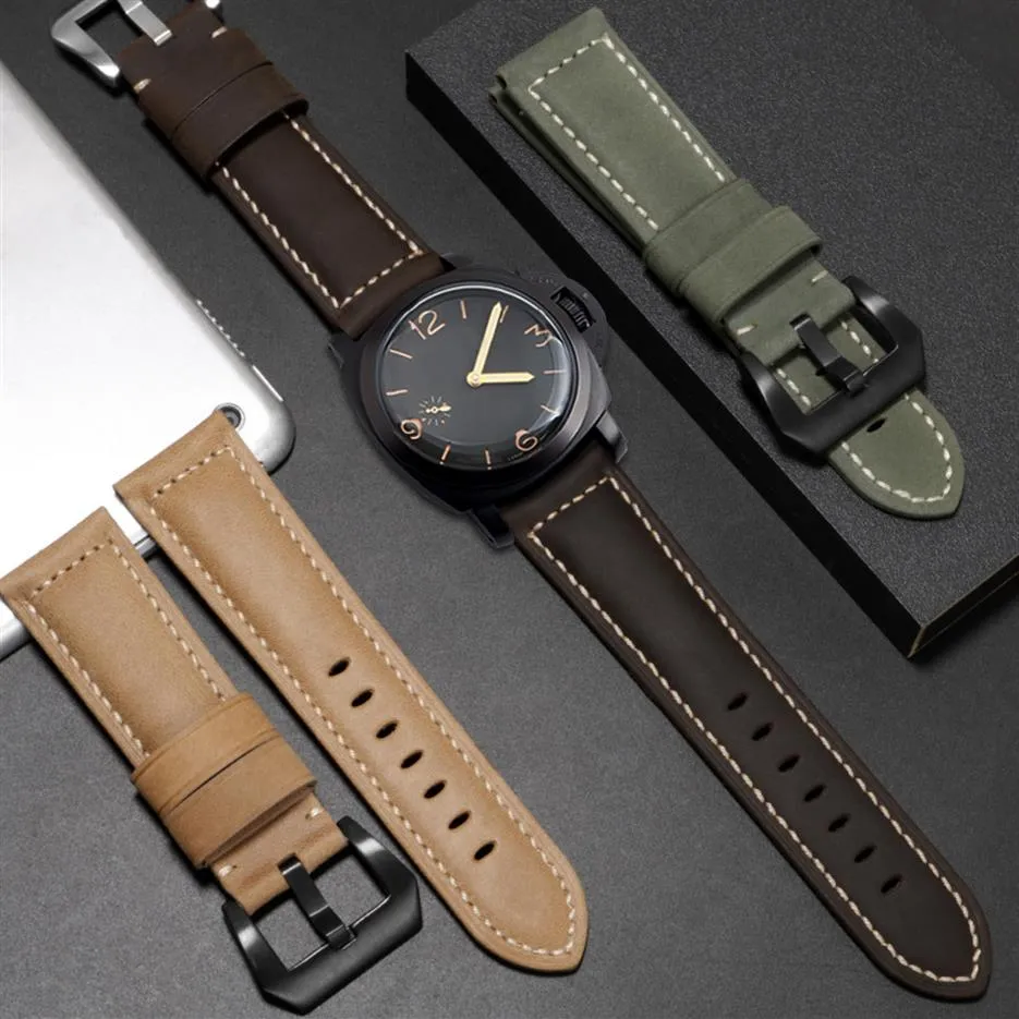 Panerai Pam Luminor Calfskin 레트로 서리 가죽 액세서리 방수 스트랩 스테인리스 스틸 핀 Buckl210t 용 24mm 26mm 시계 밴드