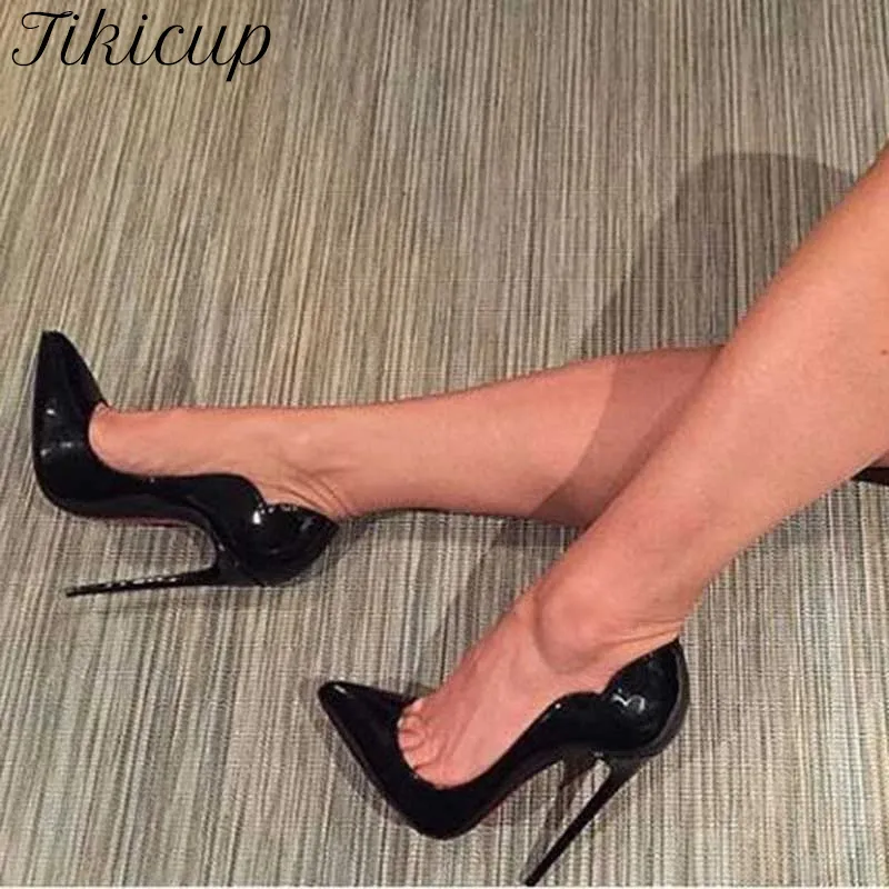 Tikicup Curl Cut Women Solid Black Patent Pointy Toe High Heel Shoes Elegant Chic Stiletto Pumps Colors Customize 8cm 10cm 12cm