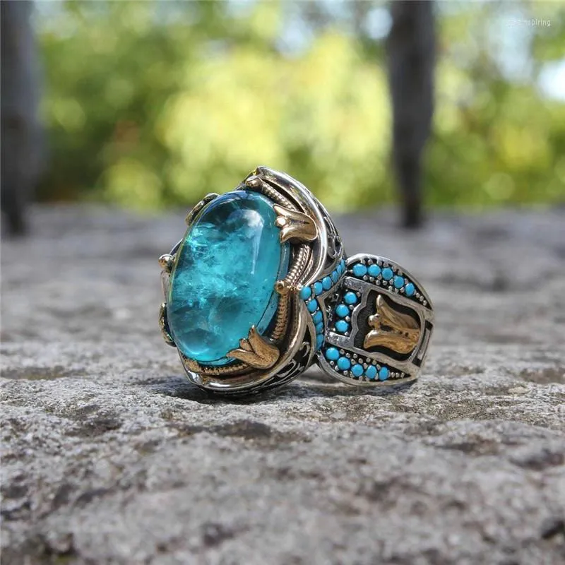 Anillos de boda de lujo para mujer, anillo de flor rosa ovalada grande, compromiso de Color plateado a la moda para mujer, joyería de piedra azul Vintage