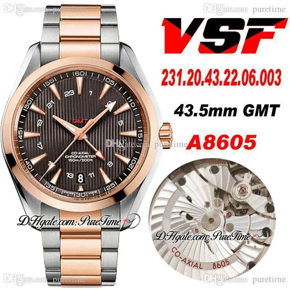 VSF V2 Aqua Terra 150m 43 5 mm GMT A8605 Automatyczne męskie oglądanie dwonostanowego różowego brązowego brązowego tarcza ze stali nierdzewnej 231 20 43 22 0355G