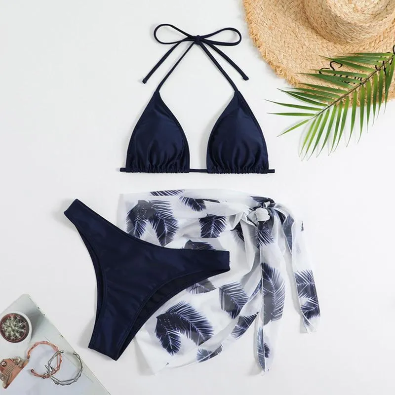 Kvinnors badkläder Kvinnor Bikini 3 -stycken Normal baddräkt Backless Push Up Printing High Maisted Leaf Blue Womens Shorts and Top