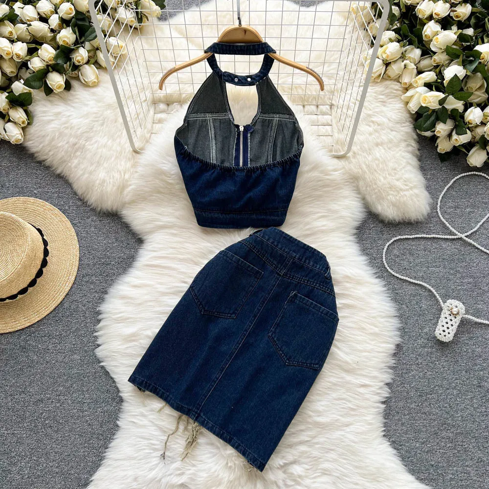 white christmas dresses Denim Blue Two-Piece Modest Dress Set Denim Blue / US 4 main image 0