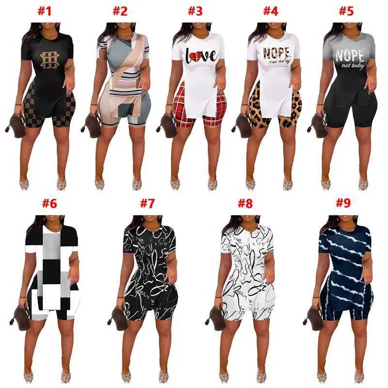 Summer Sports Tracksuits Women Fashion Pattern Printed Split kortärmad t-shirt Desinger 2-stycken Set Shorts Outfits