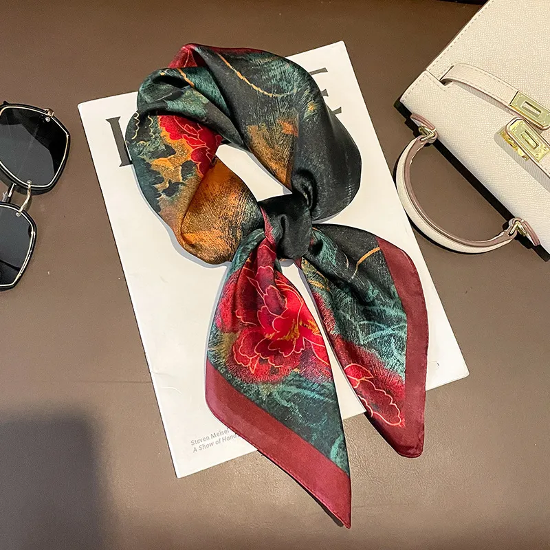 Sarongs 7070cm Spring Summer Floral Print Silk Scarf Lady Beach Sunscreen Small Headband Soft Hair Decorate Wrao Shawl Women 230605