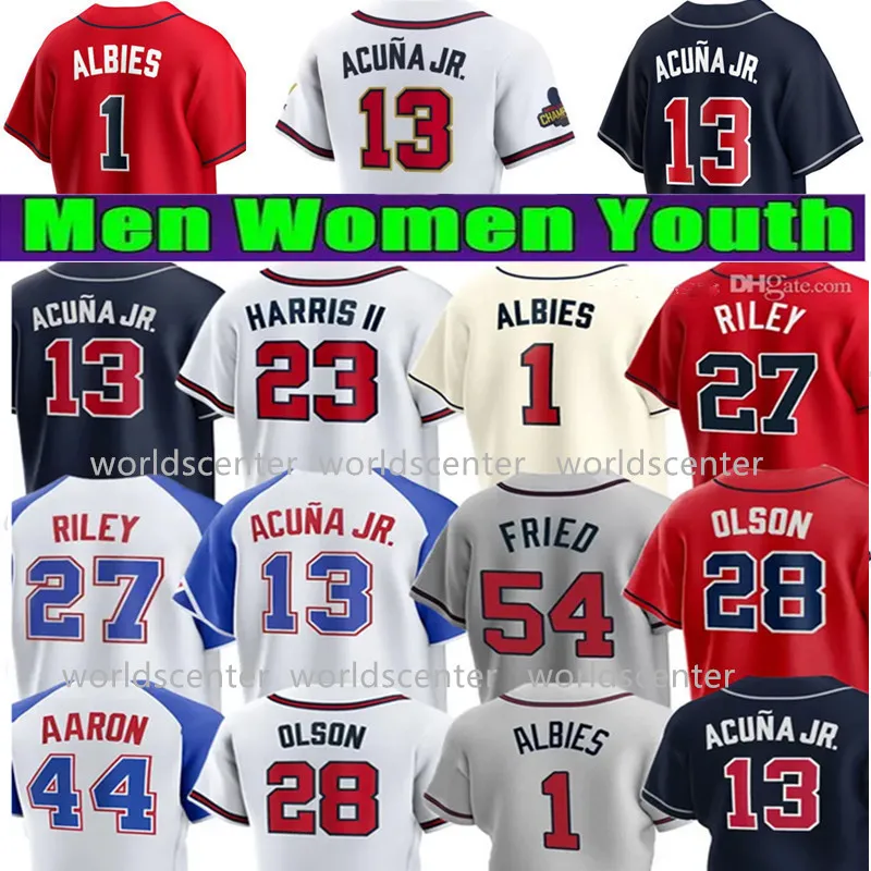 Mens Women Youth Ronald Acuna Jr. Jerseys 13 City Connect Ozzie Albies Austin Riley 27 Matt Olson Michael Harris II Spencer Strider Blue Kids Stitched Baseball Jerseys